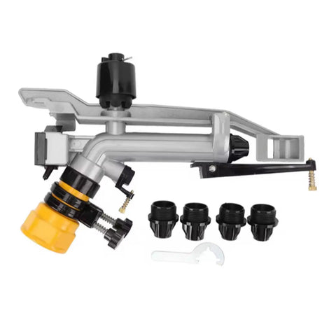Beefy 1.5 Inch Aluminum Farm Sprinkler System With 360 Degree Adjustable Impact Sprinkler And Nozzle Set on white background