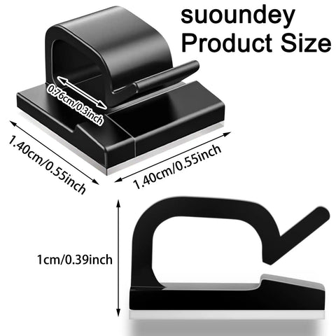 Adhesive Cable Clips Organizer Set For Office And Home, Self Adhesive Wire Holders, 100 Count Black, side and dimension view