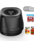 Upgraded 3-In-1 Electric Mason Jar Vacuum Sealer With Built In Converter For Regular And Wide Mouth Jars, Vacuum Bags, Containers, And Wine Bottles Efficient Kitchen Freshness Preservation Tool Black with jars and vacuum bags.