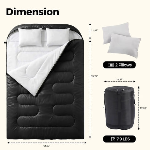 Two Person Sleeping Bag Set With Pillow For Camping And Travel, Lightweight Queen Size, dimensions details, includes 2 pillows