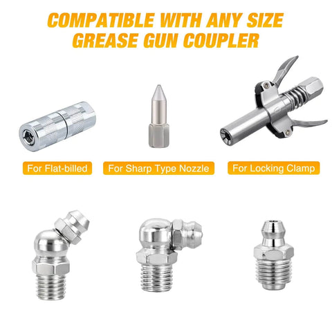 60 Piece Zerk Grease Fittings Kit With Straight 45 90 Degree Angles In M6 M8 M10 Metric Grease Nipple Assortment with couplers