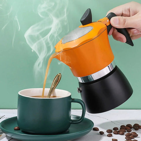One Cup Stovetop Espresso Pot 150ml 5oz Glass Top Italian Coffee Maker For Italian And Cuban Café Brewing Travel Friendly Compact Design In Orange And Black pouring coffee into cup