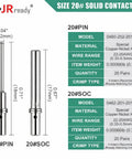 JRready Deutsch Dtm Connector Pins And Sockets Size 20 Solid Contacts Set showing size, model, and material details for crimp terminals.