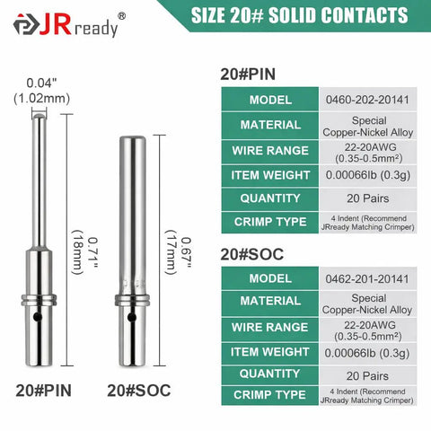 JRready Deutsch Dtm Connector Pins And Sockets Size 20 Solid Contacts Set showing size, model, and material details for crimp terminals.