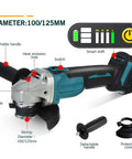 Heavy Duty Brushless Angle Grinder Featuring Four Variable Speed Modes And A Rock Solid Grip Built For Tough Diy Carpentry And Rapid Metal Cuts Zero Hassle When Paired With Common 18V Battery Packs showing 125mm brushless grinder with controls and detachable handle.