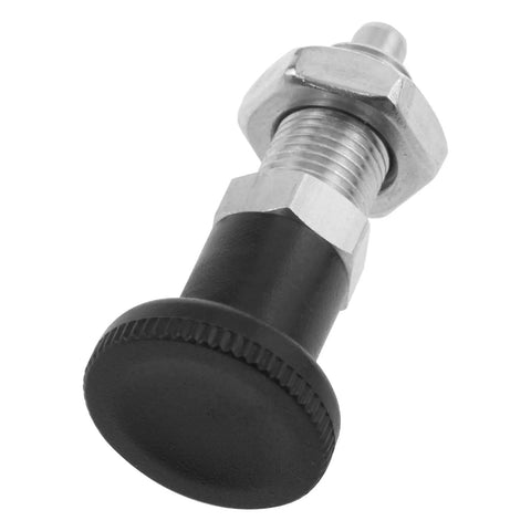 Premium Stainless Steel Spring Reset Indexing Plunger M10 with matte black nylon grip and threaded shaft for heavy-duty use.