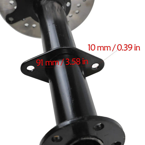 Close-up of 40 Inch Rear Axle Kit Drive Shaft Diff with Brake Disc for Go Karts Golf Carts ATVs showing measurements