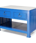 Heavy Duty Workshop Maintenance And Assembly Workbench With Mounting Vise Rock Solid Mold Fitting Table featuring blue drawers and steel top.