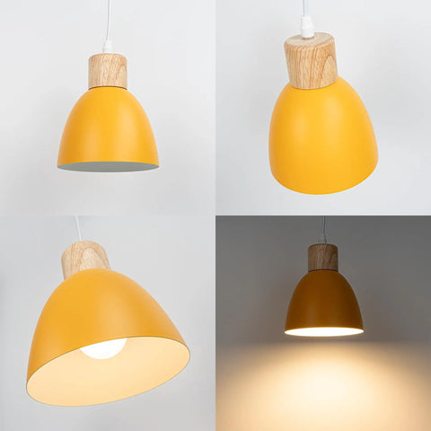 Kiven Instant Light Conversion Kit for 4/5/6inch Hole,Metal Farmhouse Lighting with yellow pendant shade and wood accent.
