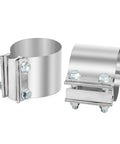 Beefy Stainless 5 Inch Exhaust Band Clamp Butt Joint Sleeve Coupler For Mufflers And Exhaust Pipe 2 Pack shown from two angles