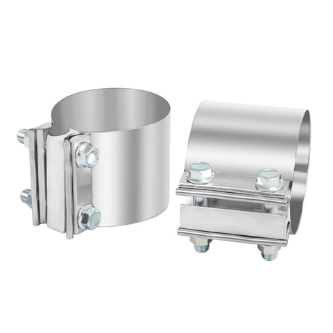 Beefy Stainless 5 Inch Exhaust Band Clamp Butt Joint Sleeve Coupler For Mufflers And Exhaust Pipe 2 Pack shown from two angles