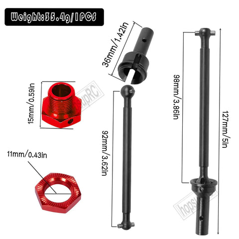 RC Drive Shaft CVD Upgrade Kit For 1/8 Typhon 6S And 1/7 Felony Limitless Roller Infraction 6S BLX 45 Steel Driveshafts Front And Rear Axles Aluminum Wheel Hex Hub Nuts In Red, black shafts and red hex nut