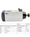 Heavy Duty 6KW Air Cooled Spindle Motor Er32 18000Rpm Top Speed showing silver spindle side view with technical specifications beside.