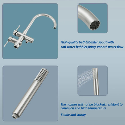 Freestanding Tub Faucet With Hand Shower In Brushed Nickel, Floor Mounted Bathtub Filler Set With Dual Handles, High Arc Spout