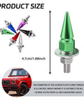 Premium Aluminum Spike License Plate Screws And Anti Theft Bolts Set With Heavy Duty Security Hardware For Car Truck Motorcycle Builds Hella Secure Green Fasteners with sizes and colors.
