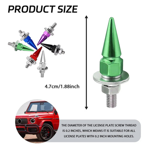 Premium Aluminum Spike License Plate Screws And Anti Theft Bolts Set With Heavy Duty Security Hardware For Car Truck Motorcycle Builds Hella Secure Green Fasteners with sizes and colors.