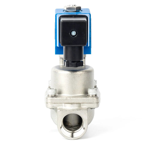 Front view of Heavy Duty Three Quarter Inch High Pressure Solenoid Valve 100 Bar Stainless Steel 110V AC Withstanding Extreme Temperatures
