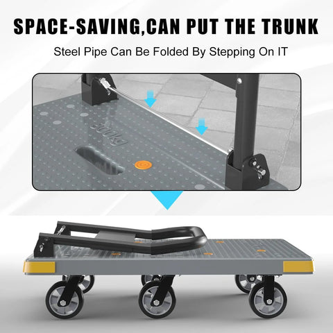 Foldable Heavy Duty Platform Cart With 1764 Pound Capacity showing foldable design and six wheels, gray finish, supports up to 1764 lbs