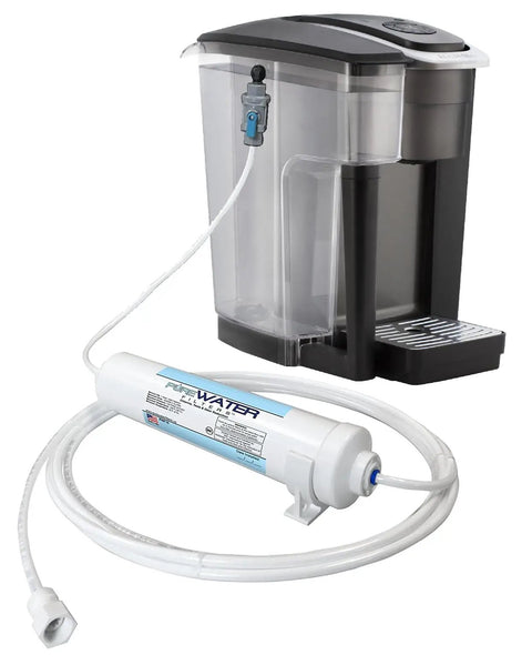 Filtered Water Refill Kit For Keurig Home Brewers, DIY Valve System visible with coffee maker reservoir and filter tube.
