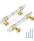 White Marble And Gold Drawer Pulls Set, 10 Pack, 3 Inch Center Hole T Bar Zinc Alloy Cabinet Handles with screws displayed