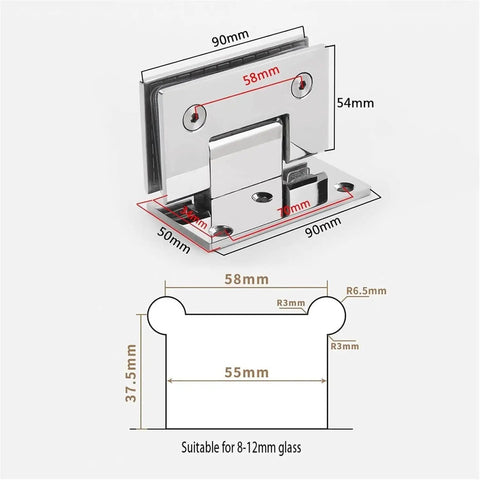 Heavy Duty 304 Stainless Steel Glass Shower Door Hinges For 6 To 12Mm Frameless Glass Door 90 Degree Pair, detailed dimensions displayed.