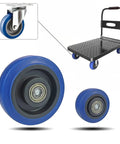 Set of 4 Heavy Duty Caster Wheels for Furniture and Industrial Equipment, blue rotating rubber wheels attached to a cart