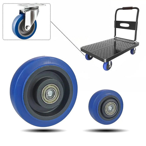 Set of 4 Heavy Duty Caster Wheels for Furniture and Industrial Equipment, blue rotating rubber wheels attached to a cart