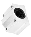 SC30UU 30mm Linear Motion Ball Bearing Slide Block In Precision Aluminum Alloy For Smooth Shaft Guidance Rock Solid Performance In 3D Printers And CNC Machines With Slick Oxidized Finish And Zero Wiggle Movement. Close-up view of slide block with black ball bearing housing.