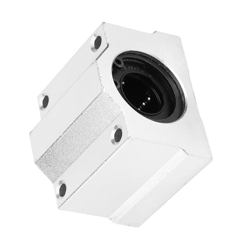 SC30UU 30mm Linear Motion Ball Bearing Slide Block In Precision Aluminum Alloy For Smooth Shaft Guidance Rock Solid Performance In 3D Printers And CNC Machines With Slick Oxidized Finish And Zero Wiggle Movement. Close-up view of slide block with black ball bearing housing.
