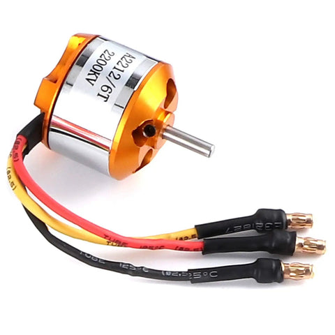 Kickass Rc Aircraft Motor And 30a Esc Set With 2212 Kv2200 Brushless Motor showing the golden and silver motor with wires.