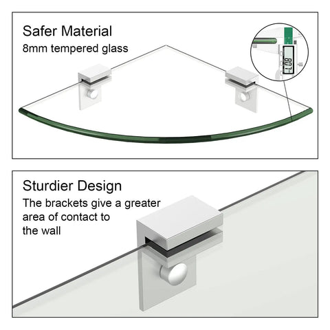 No-Drill Corner Shower Shelf Kit, 9.5 X 9.5 Inch Tempered Glass Shelves with Aluminum F Design Brackets in detail