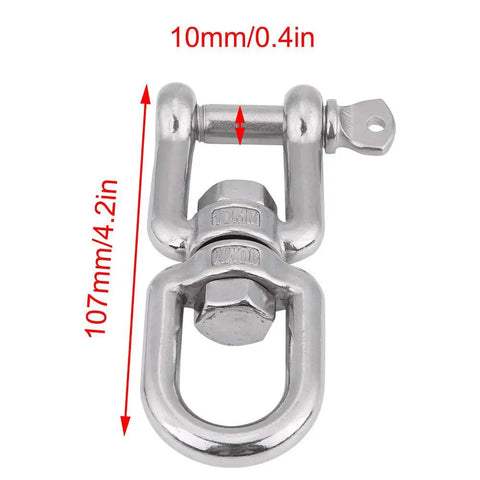 Heavy Duty 304 Stainless Steel Swivel Circle Snap Rolling Shackle 10mm Size, showing 10mm diameter and 107mm length for truck use.