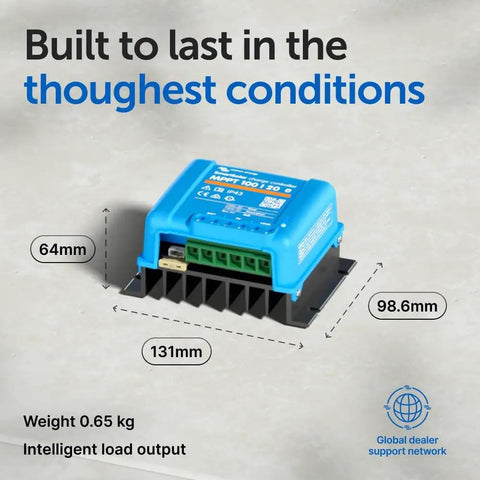 SmartSolar MPPT Solar Charge Controller With Bluetooth For Off Grid Power shown with dimensions 64mm x 98.6mm x 131mm