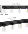 Farmhouse Four Light Matte Black Vanity Light Fixture With Clear Glass Shades For Bathroom Ceiling 33.9 Inch Long