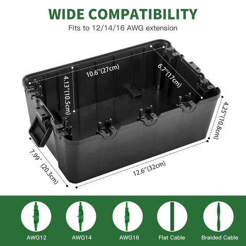 Heavy Duty Outdoor Electrical Box Waterproof IP54 Weatherproof Cord Cover With Seven Cable Seal Entries, Tough Black Enclosure
