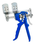 Quad Piston Brake Caliper Press Tool For Quick Replacement Of Single Dual And Quad Calipers, metallic with blue handle.