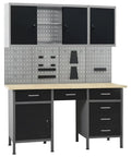 Heavy Duty Steel Garage Workbench With 6 Smooth Sliding Drawers And 2 Wall Cabinets 63 Inch Workshop Tool Bench with pegboard for tools.