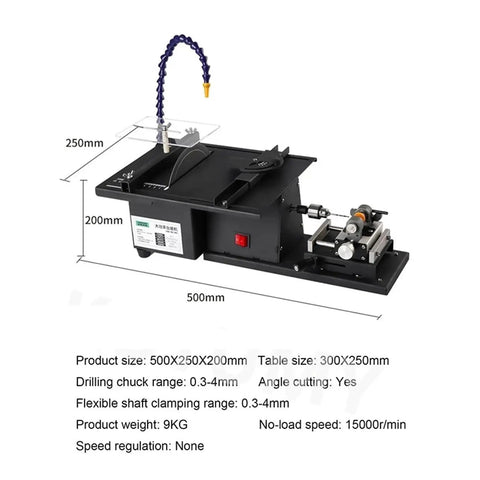 Built Like A Tank Five In One Bench Buffer Polisher And Jade Grinding Machine with water sprayer, dimensions 500x250x200mm.