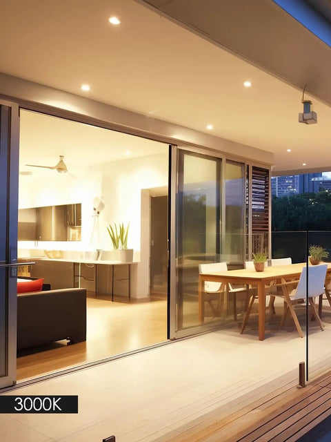 Modern patio with 5/6 Inch LED Recessed Light Kit With Night Light, Dimmable And Energy Smart, 3000K warm white lighting