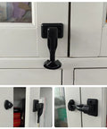 T-Shaped Car Door Holder Retainer Baggage Catch Latches showing installation on cabinet doors with durable nylon ABS material.