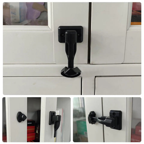 T-Shaped Car Door Holder Retainer Baggage Catch Latches showing installation on cabinet doors with durable nylon ABS material.