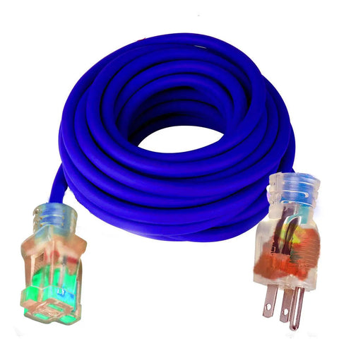 Badass 100 Foot Extension Cord With Glowing Lighted Ends Heavy Duty 10 Gauge Wire coiled with transparent plugs.