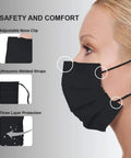 Woman wearing IMask Premium ASTM Level 3 Face Mask Black Pack Of 50 with soft multilayer nonwoven fabric highlighting features.