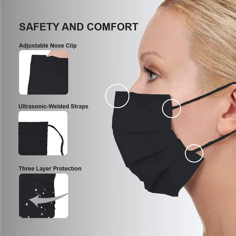 Woman wearing IMask Premium ASTM Level 3 Face Mask Black Pack Of 50 with soft multilayer nonwoven fabric highlighting features.