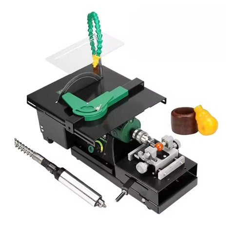 Heavy Duty 1950 Watt Bench Grinder For Jade Polishing And Gemstone Cutting Featuring Variable Speed Control and a black compact design with tools shown.