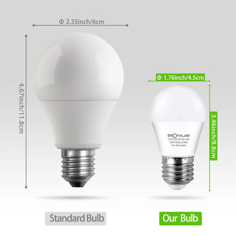 Size comparison of standard bulb and 25 Watt Equivalent A15 LED Bulbs, 3W Low Watt, E26 Base, 2700K Warm White, 4 Pack