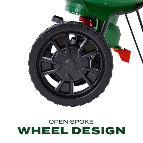 Turf Builder EdgeGuard Mini Broadcast Spreader For Lawns, open spoke wheel design detail, durable construction for easy maneuverability