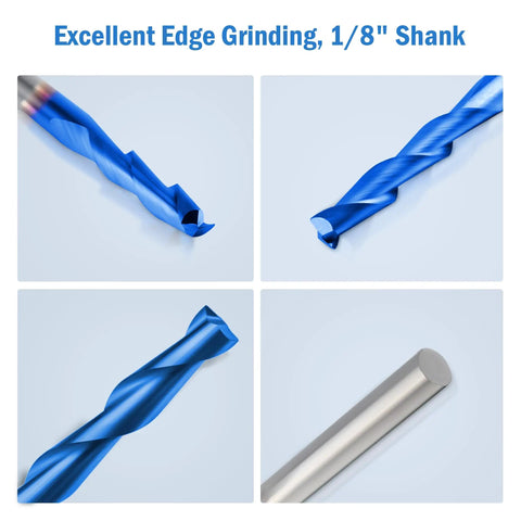 Two Flute Upcut Carbide End Mill Set With One Eighth Inch Shank Flat Nose For Wood PVC MDF Hardwood CNC Router Bits Ten Pieces Pro Grade For Carving Engraving 3D Relief Milling And Sign Making