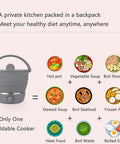 Foldable Electric Travel Hot Pot For Camping And Office, compact silicone cooker with images of foods it can prepare, including soup and noodles