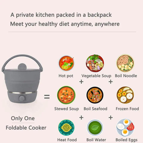 Foldable Electric Travel Hot Pot For Camping And Office, compact silicone cooker with images of foods it can prepare, including soup and noodles